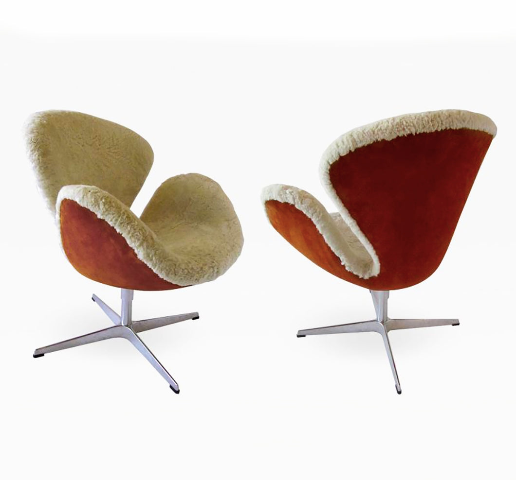 Pair Arne Jacobsen Limited Edition Shearling and Suede Swan Chairs - BOCCARA ART Online Store