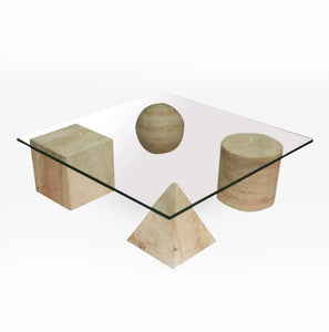 Italian Modern Travertine Marble and Glass Top Low Table, by Massimo Vignelli - BOCCARA ART Online Store
